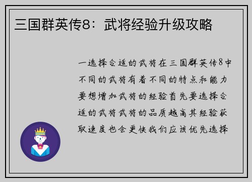 三国群英传8：武将经验升级攻略