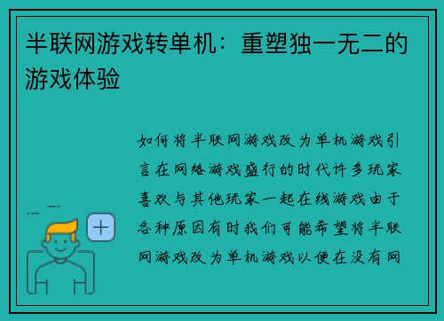 半联网游戏转单机：重塑独一无二的游戏体验